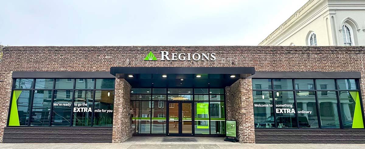 Main entrance view of the newly relocated Regions branch on Meeting Street in Charleston, SC, a key thoroughfare connecting historic neighborhoods, cultural institutions, and local businesses.