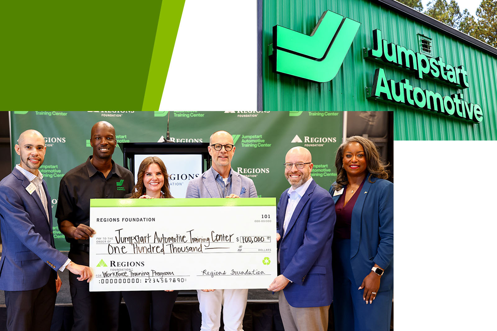 Regions Foundation members with large check and Jumpstart Automotive executive...