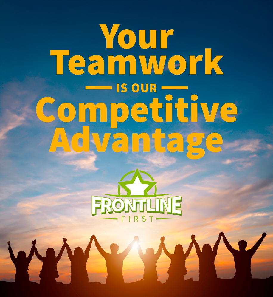 Silhouette of people in front of sunrise holding hands in the air. Text: Your teamwork is our competitive advantage.