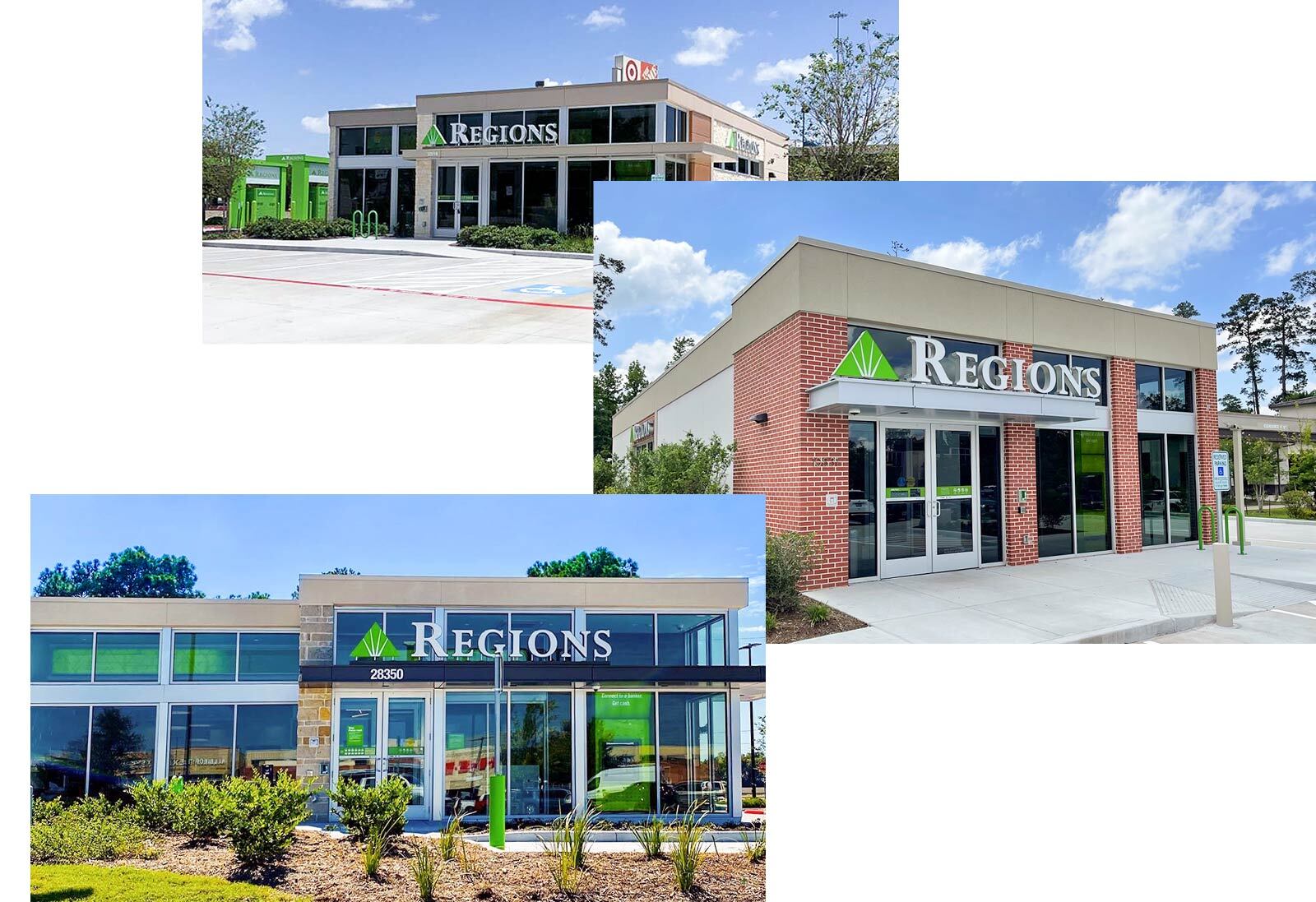 Exterior views of Regions branches in Brazos, Fairfield, and The Woodlands, Texas.