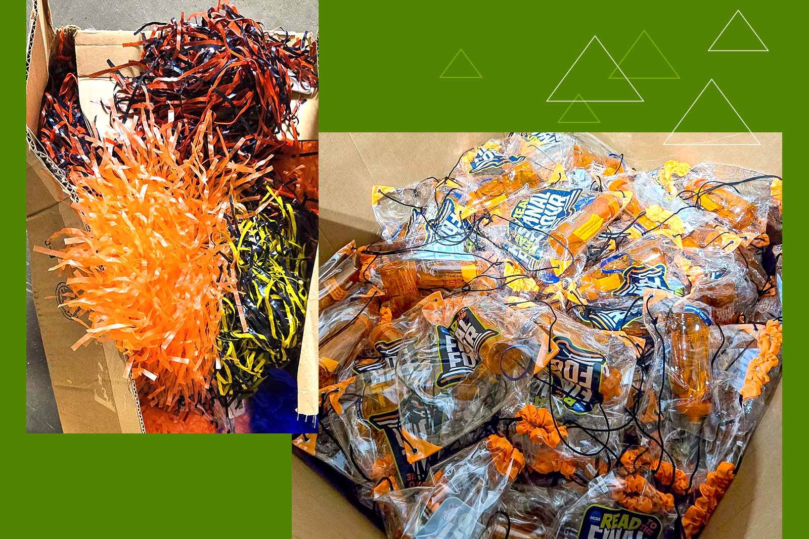 Pom pons and tote bags prepared for recycling and donation to Teachers’ Treasures, a longtime Regions Bank community partner supporting under‑resourced classrooms in Indianapolis.