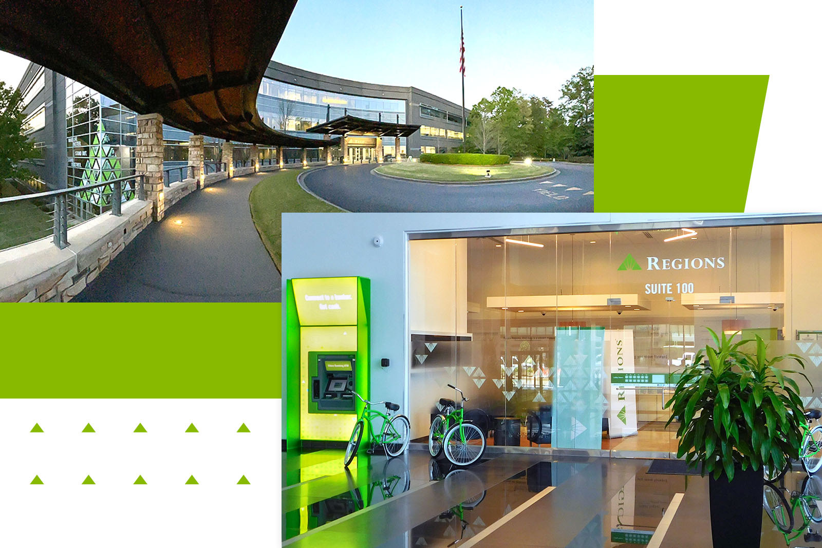 Exterior entry of ROC and Regions Charlotte Uptown branch interior lobby with Regions branded bikes.