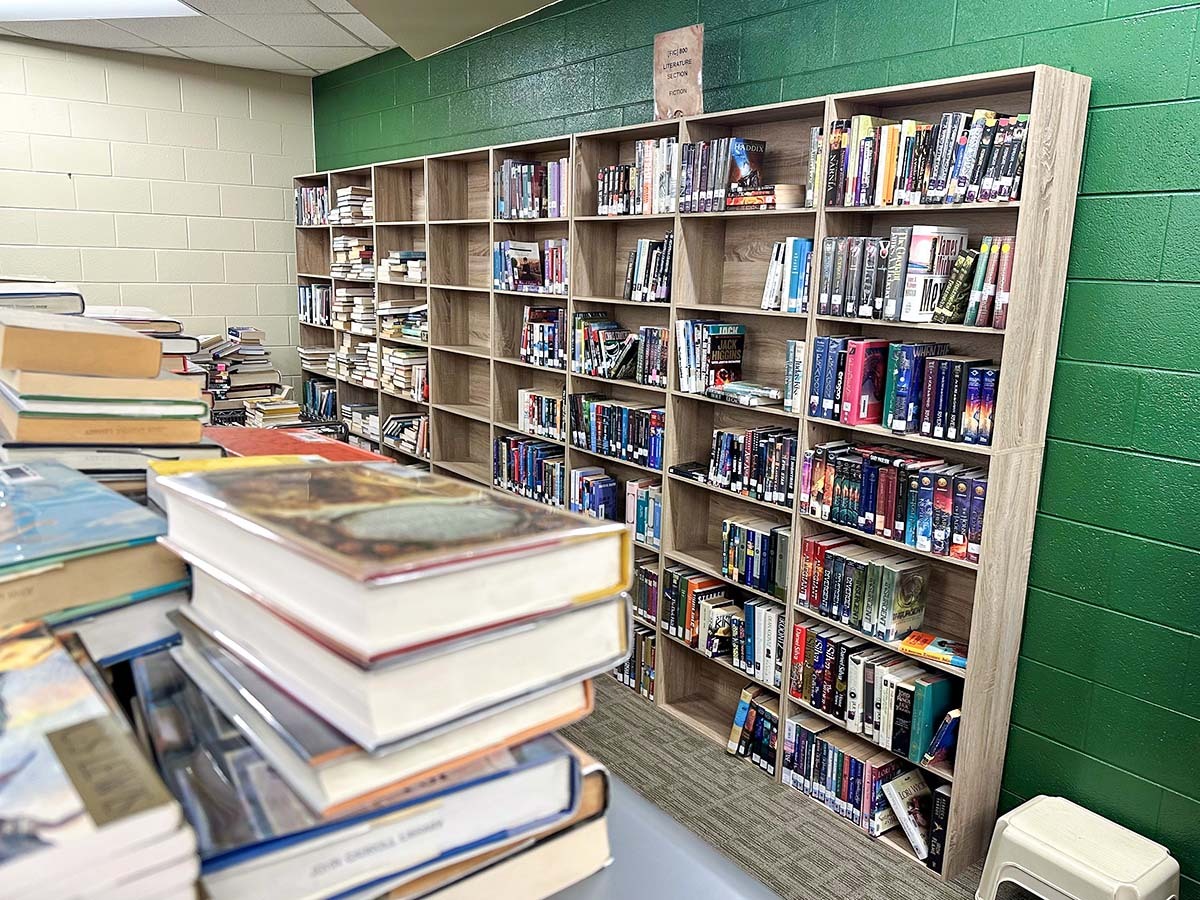 closeup of books and bookshelves