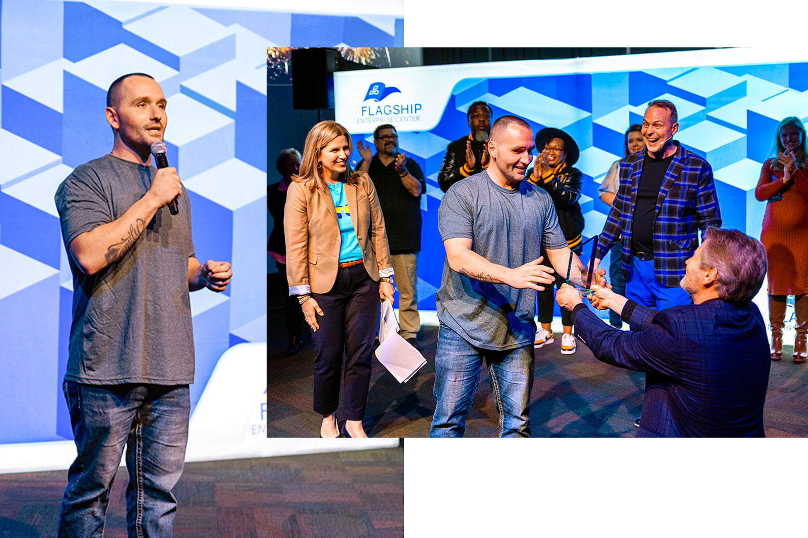Michael Johnson presenting at Flagship Pitch contest and being presented an award.