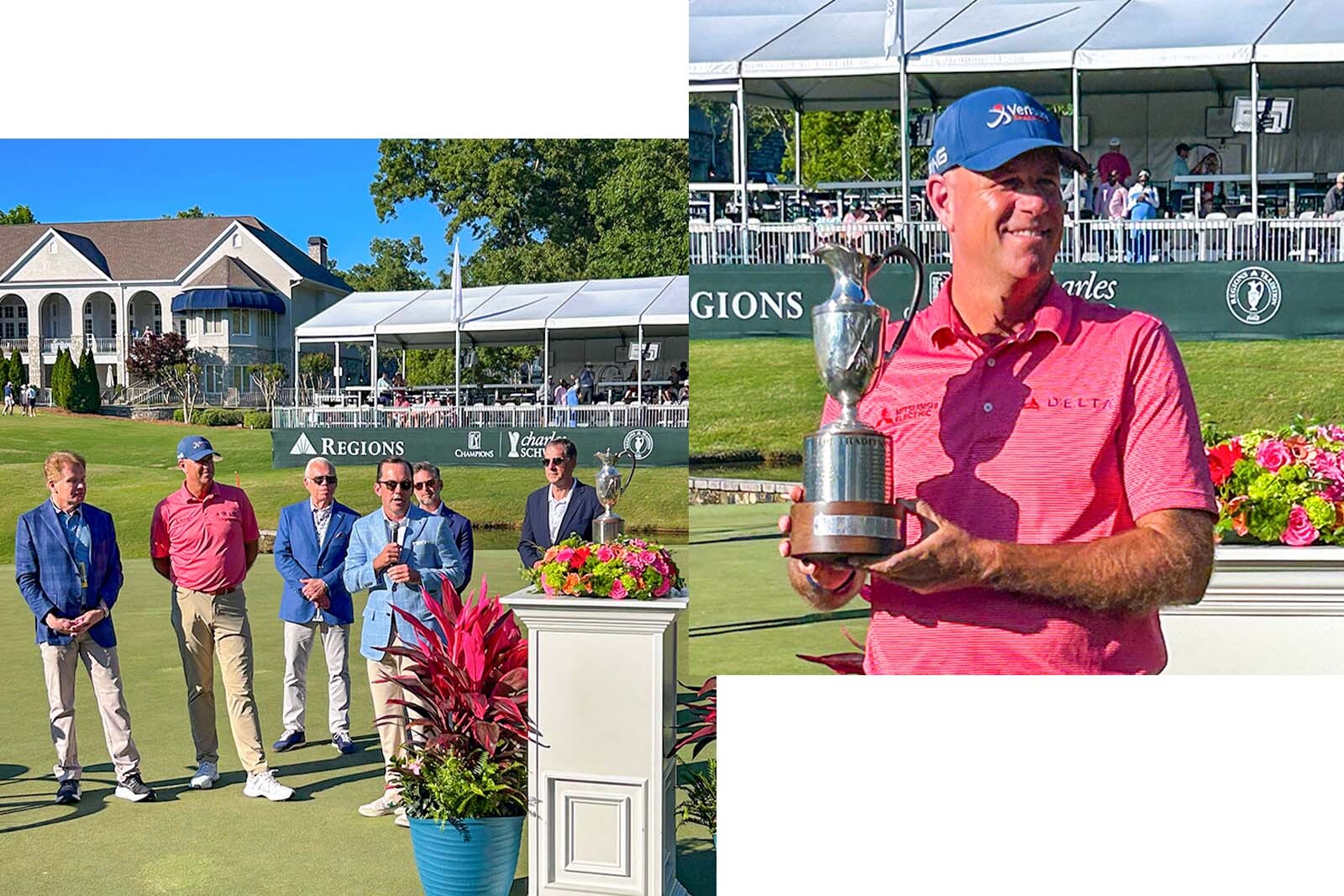 Christian White speaking to audience and Stewart Cink with trophy at Regions Tradition.