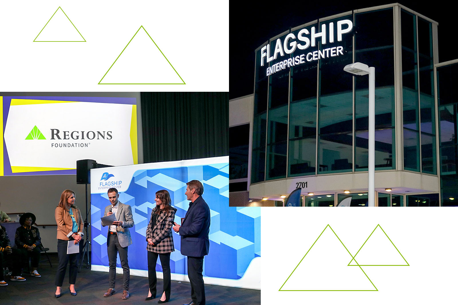 Flagship Pitch event and Flagship Enterprise building exterior.