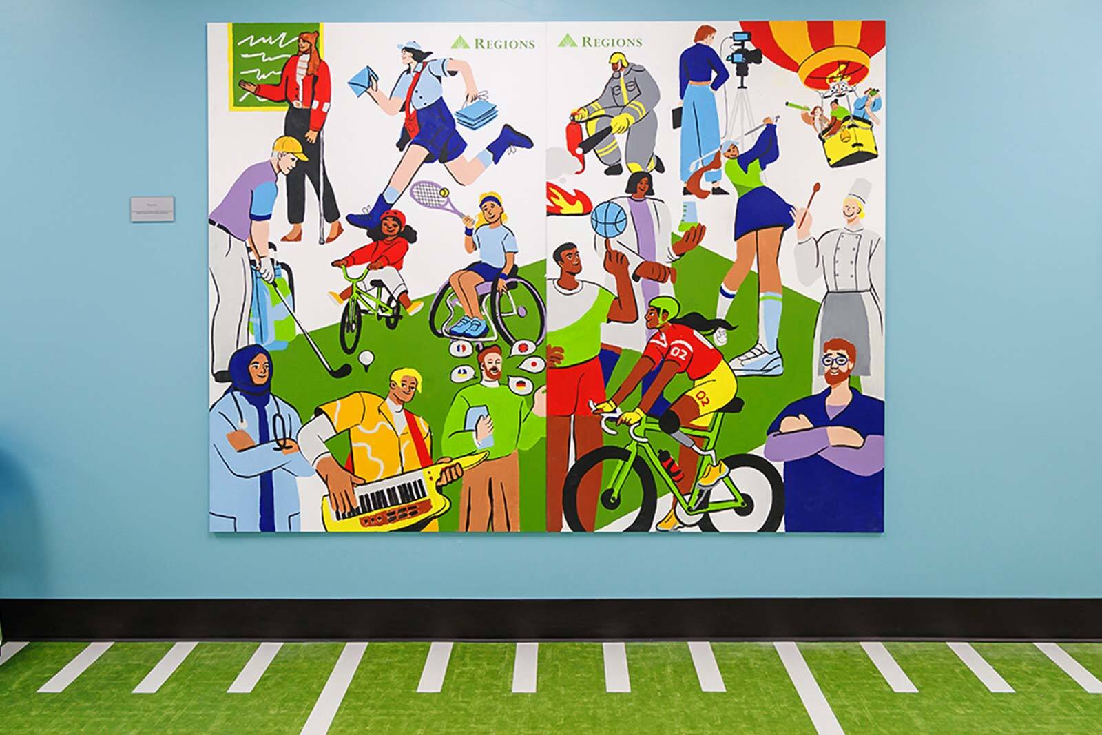 As part of the 2025 Regions Tradition, fans had an opportunity to color on a canvas. The painting was saved and presented to Children’s of Alabama, and the finished image now resides in a newly opened Children’s facility provided outpatient services.