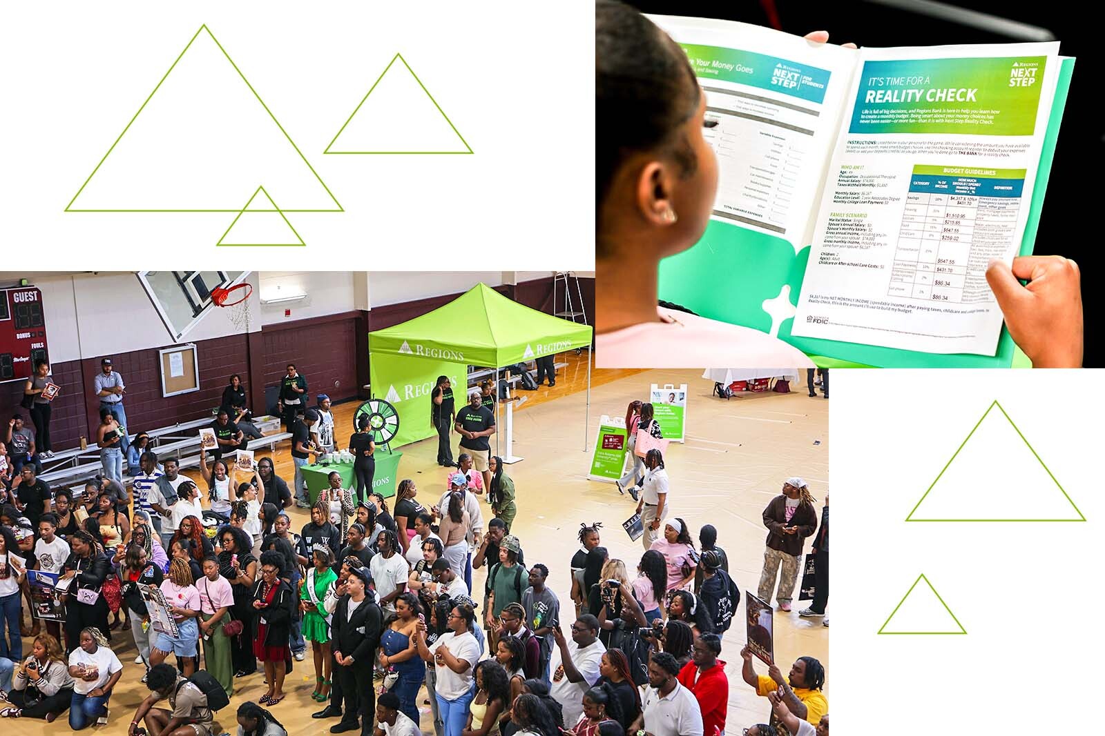 Students gathered at Regions Day event and student reading Reality Check documents.