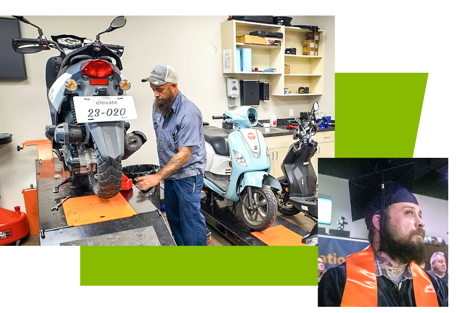 Ryan Fain working on scooter in workshop and Ryan in graduation cap and gown.