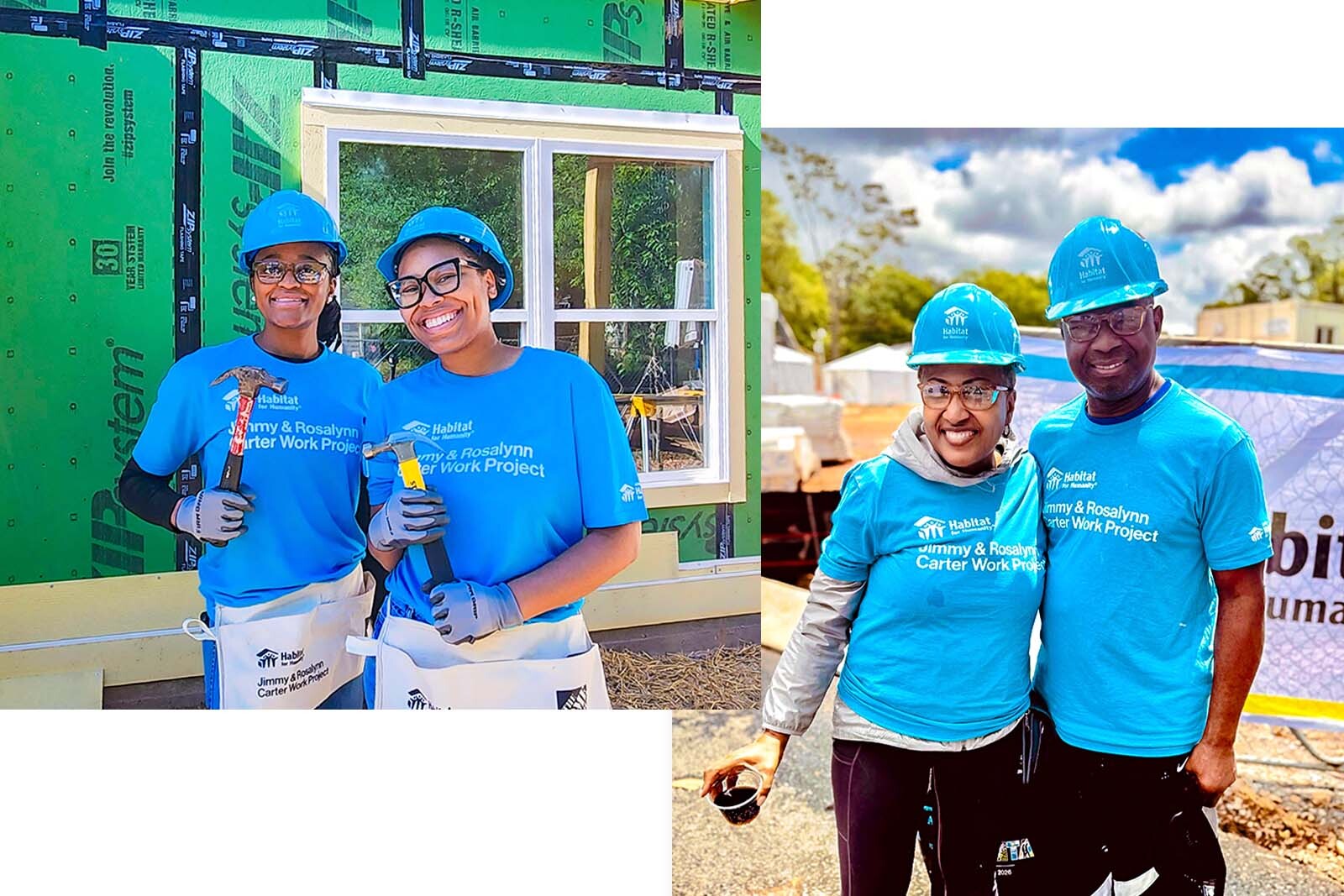 Regions volunteers with blue hard hats on construction site.