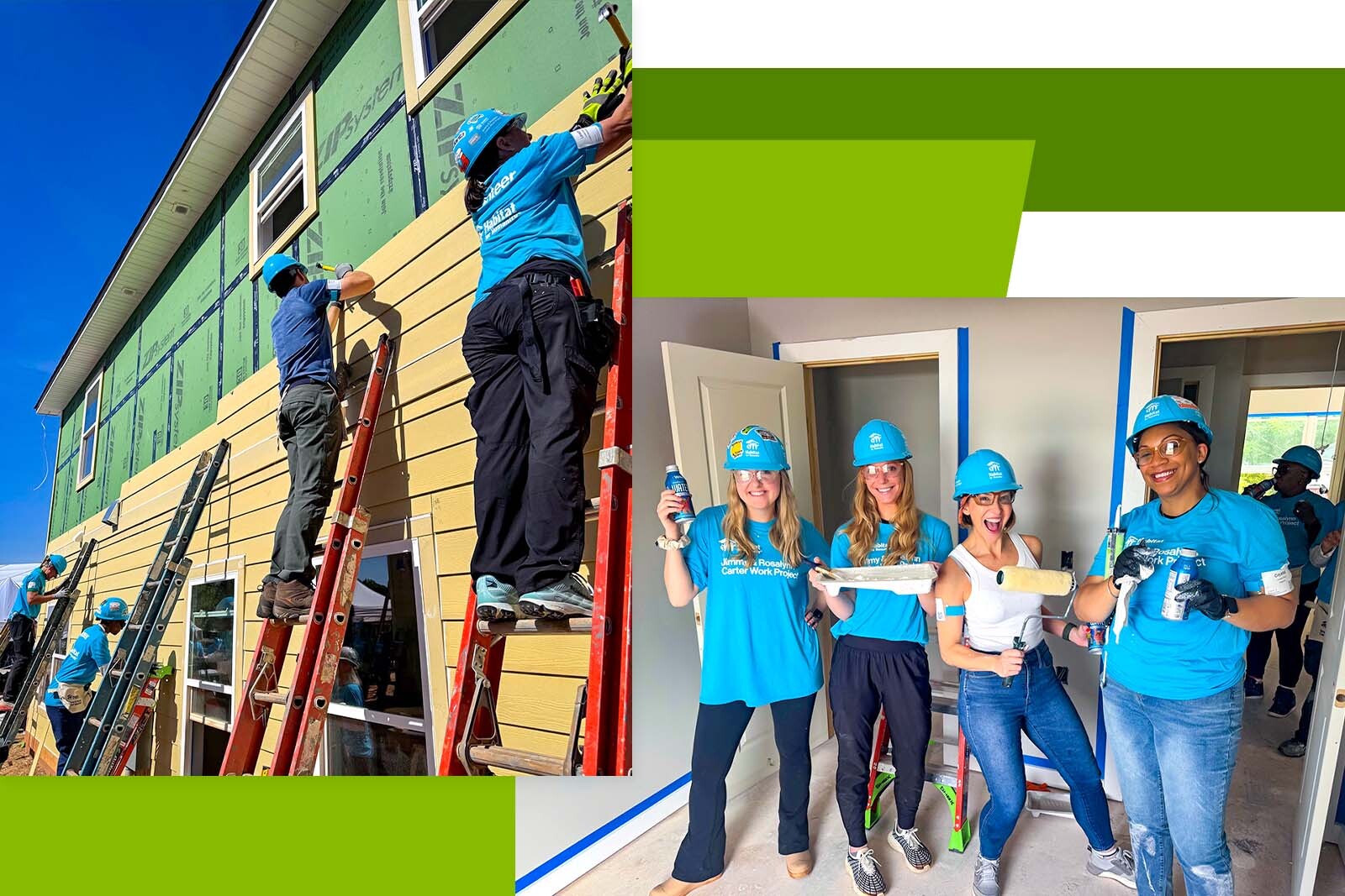 Regions volunteers in blue hard hats installing house siding and...