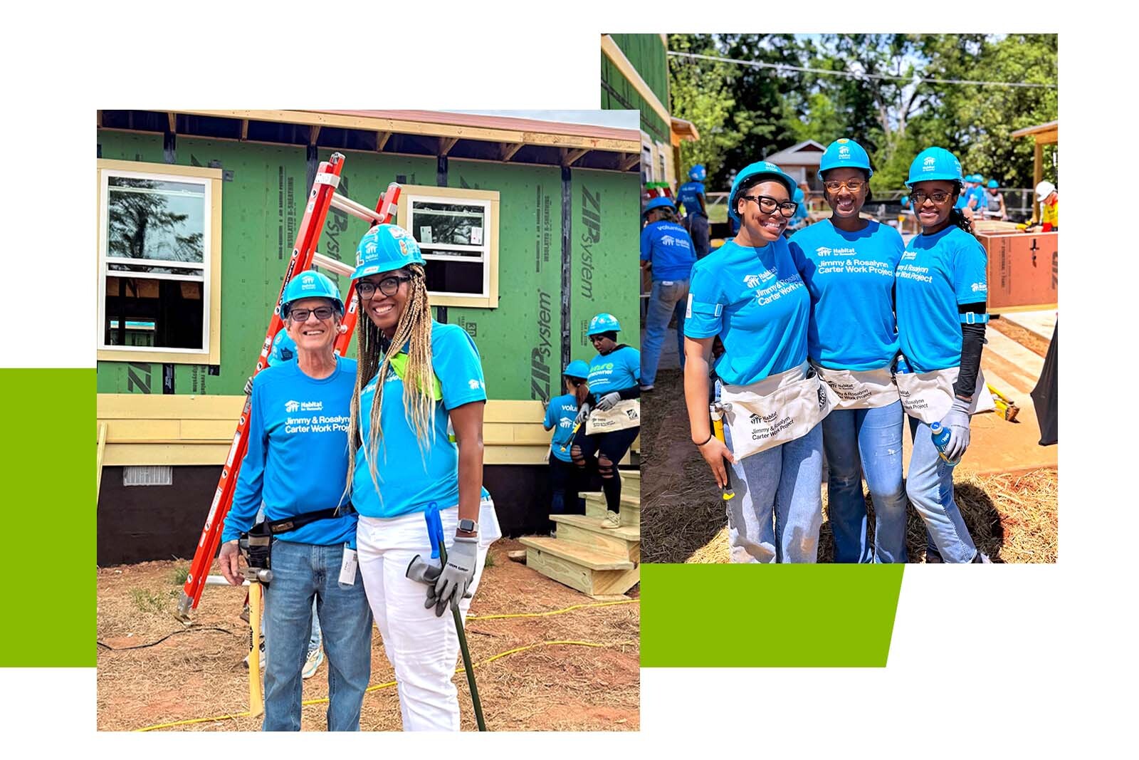 Regions volunteers with blue hard hats on new home construction site.