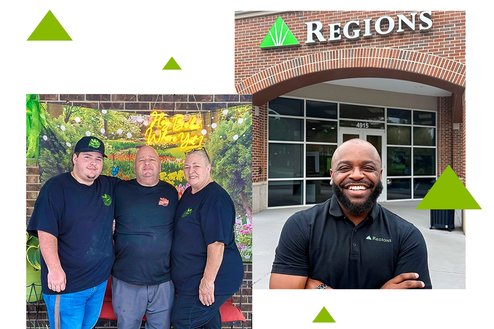 Collage with Sciarotta family in front of Hey Bebe neon light and Da’Qwon Carr, Relationship Banker in front of Regions branch.