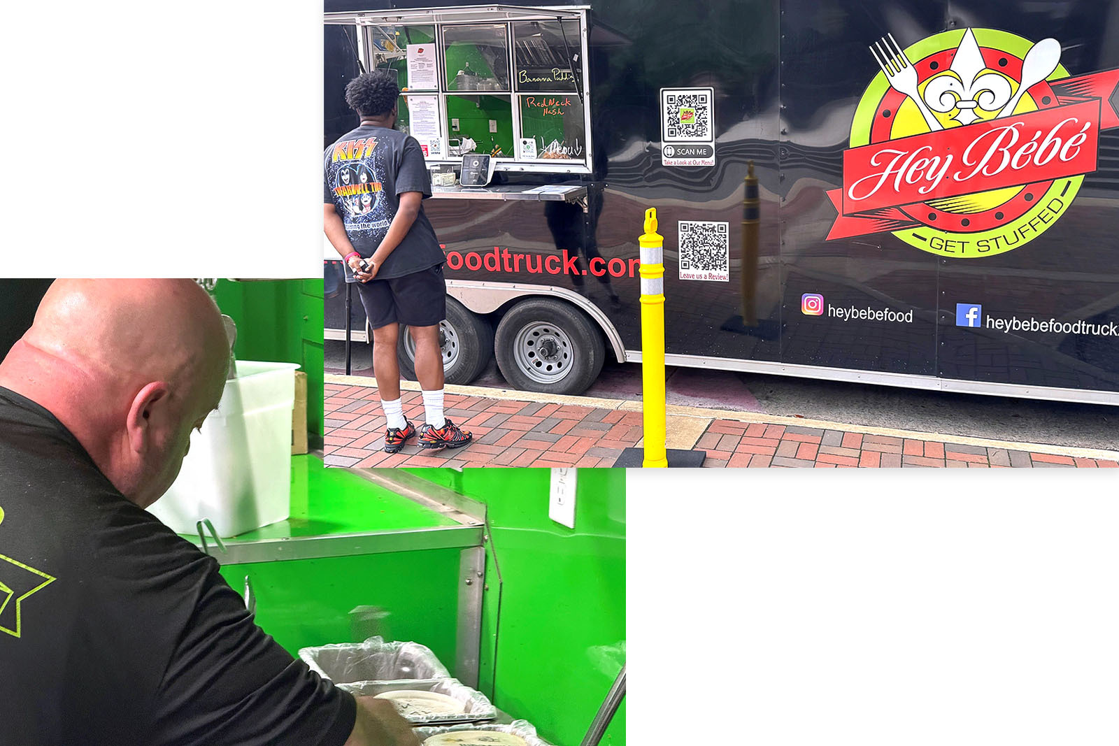 Chef Joe Sciarrotta working in Hey Bebe food truck and customer ordering food.