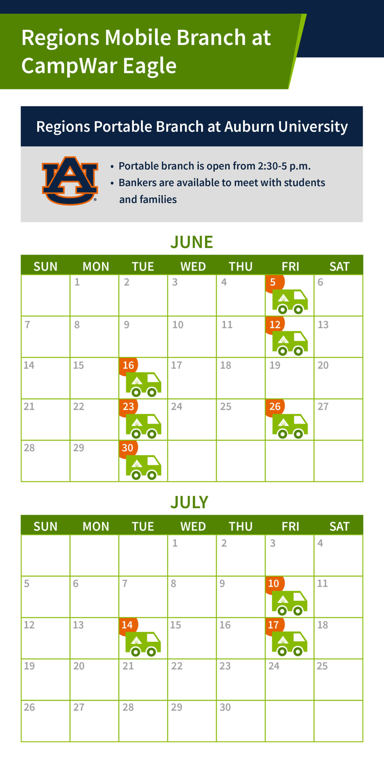 Regions Bank mobile branch schedule.