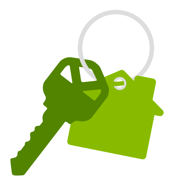 Mini house around key ring with green key.