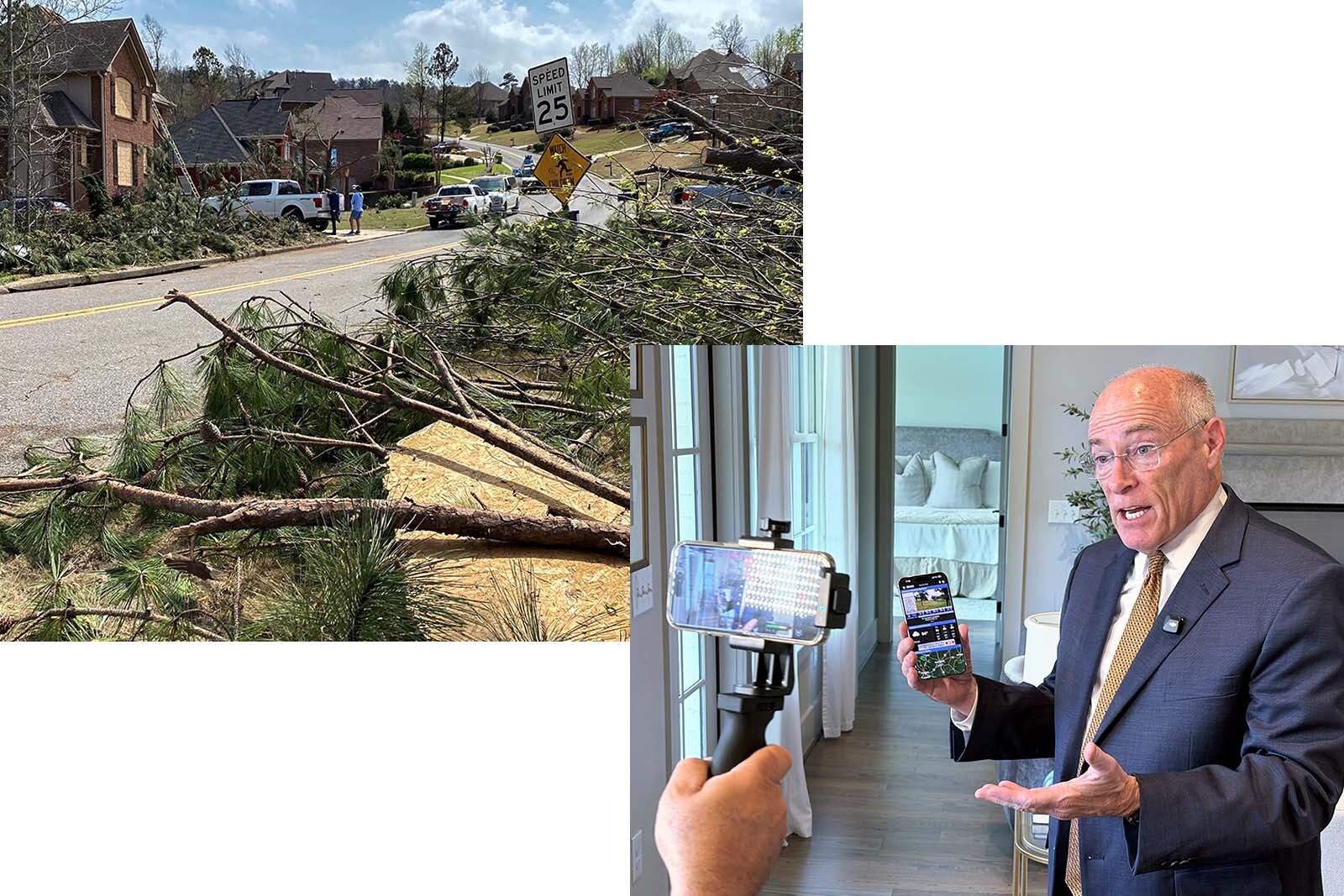 Residential storm damage and James Spann holding mobile phone with weather app.