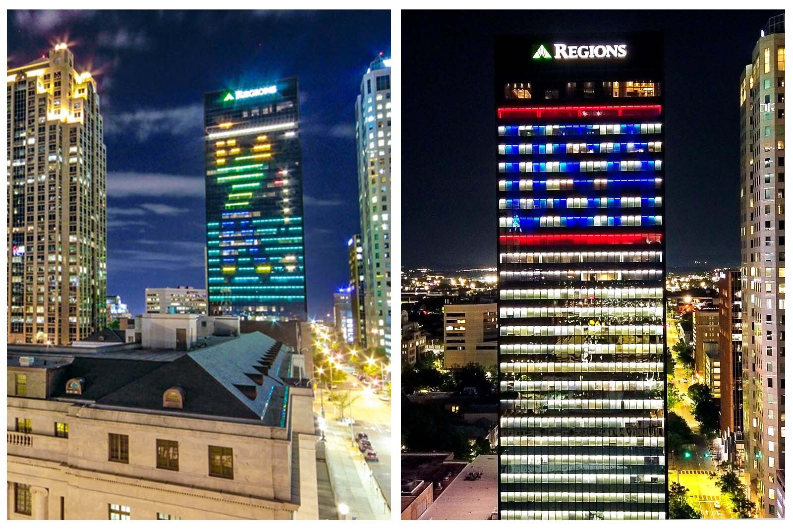 Two images Regions Center. One is illuminated with a golfer takign a swing and the other "USA" in red white and blue.
