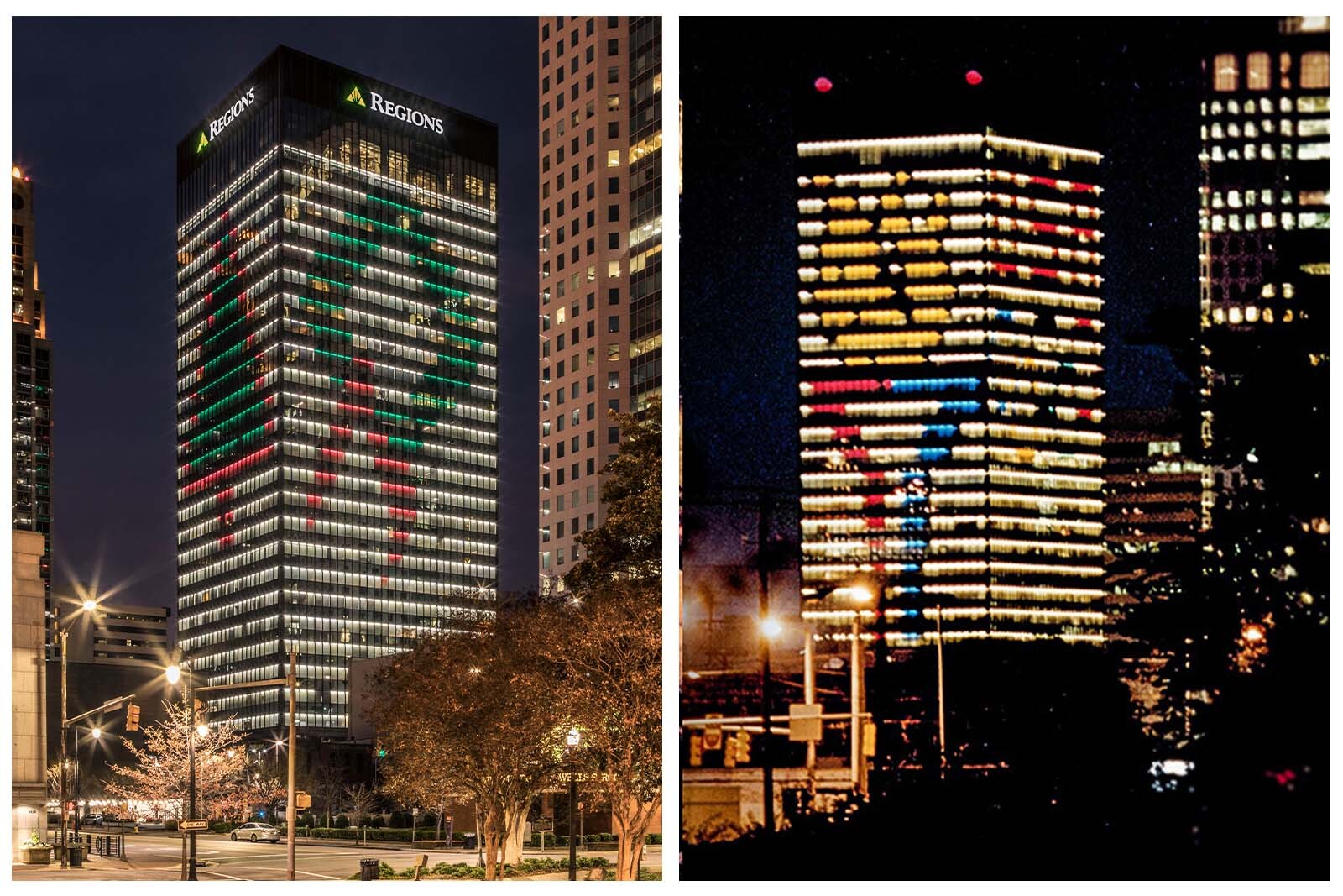 Two images Regions Center. One is illuminated with a Christmas tree and wreath, the other shows an Olympic Torch and "USA"
