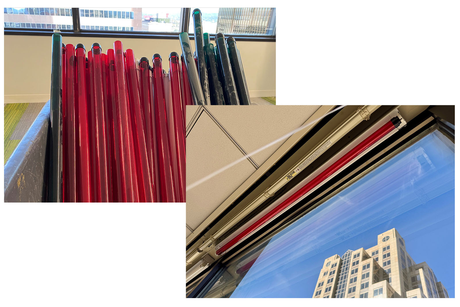 Red and Green gel lighting ready to be installed and a close up of one lighting gel installed in a window.