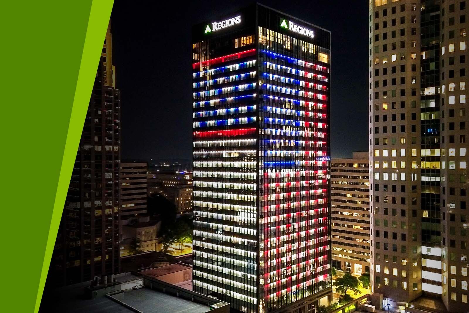 Regions Center in Birmingham with "USA" and an American flag...