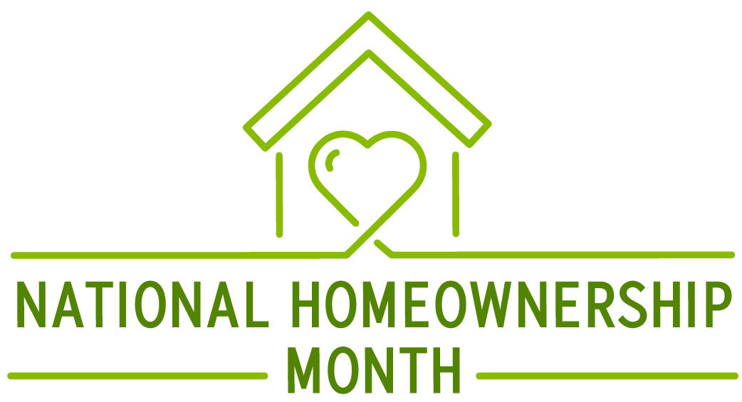 National Homeownership Month logo. Continuious outline of a home with a heart in the center.