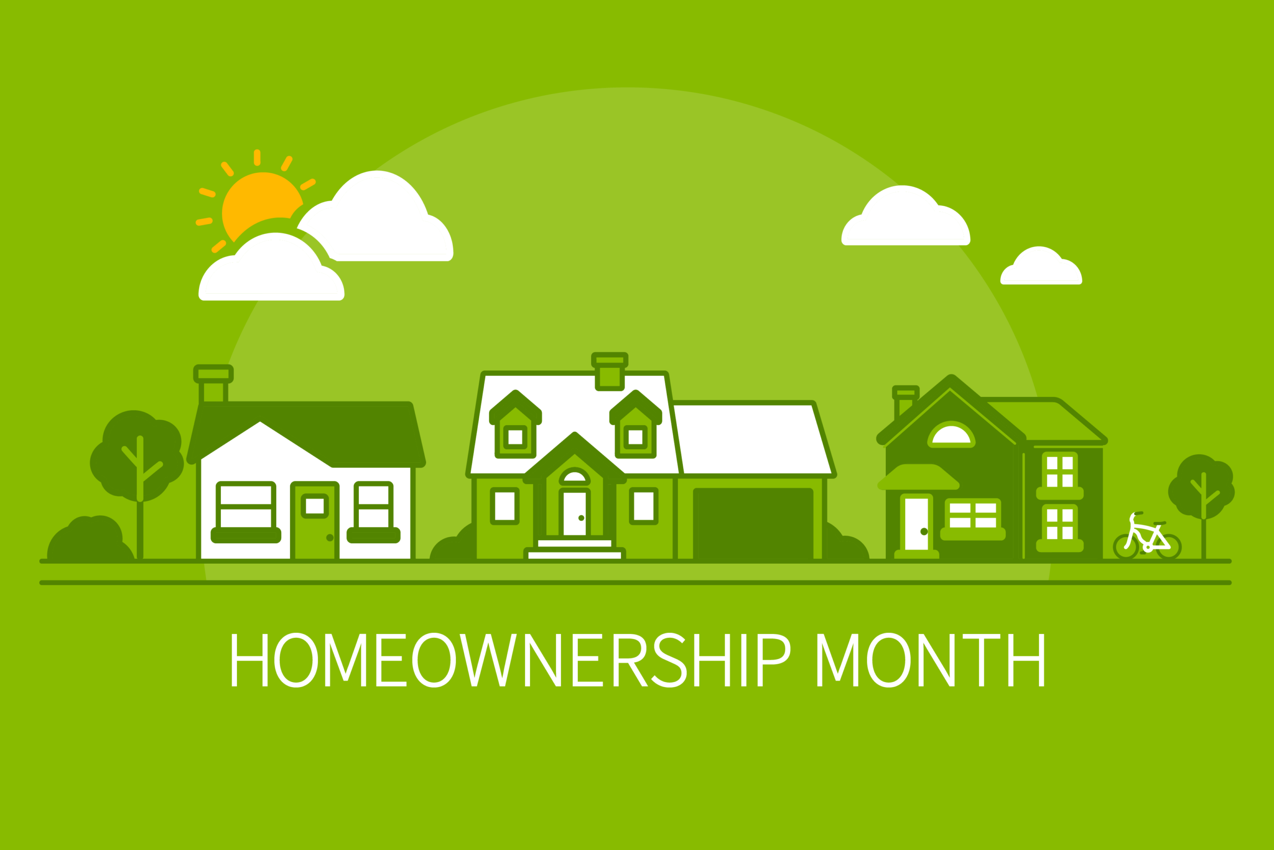 Homeownership Month illustration of homes on a street with sun...