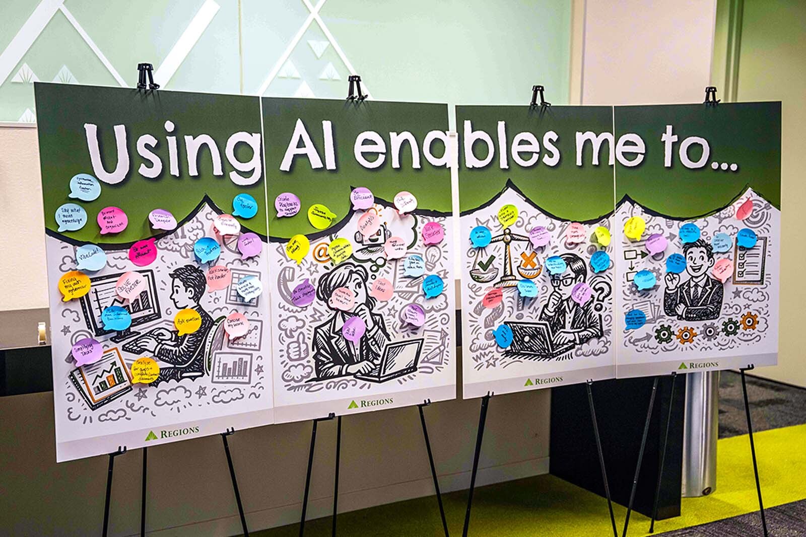 Idea board with post it notes that answer the question "Using AI enables me to".