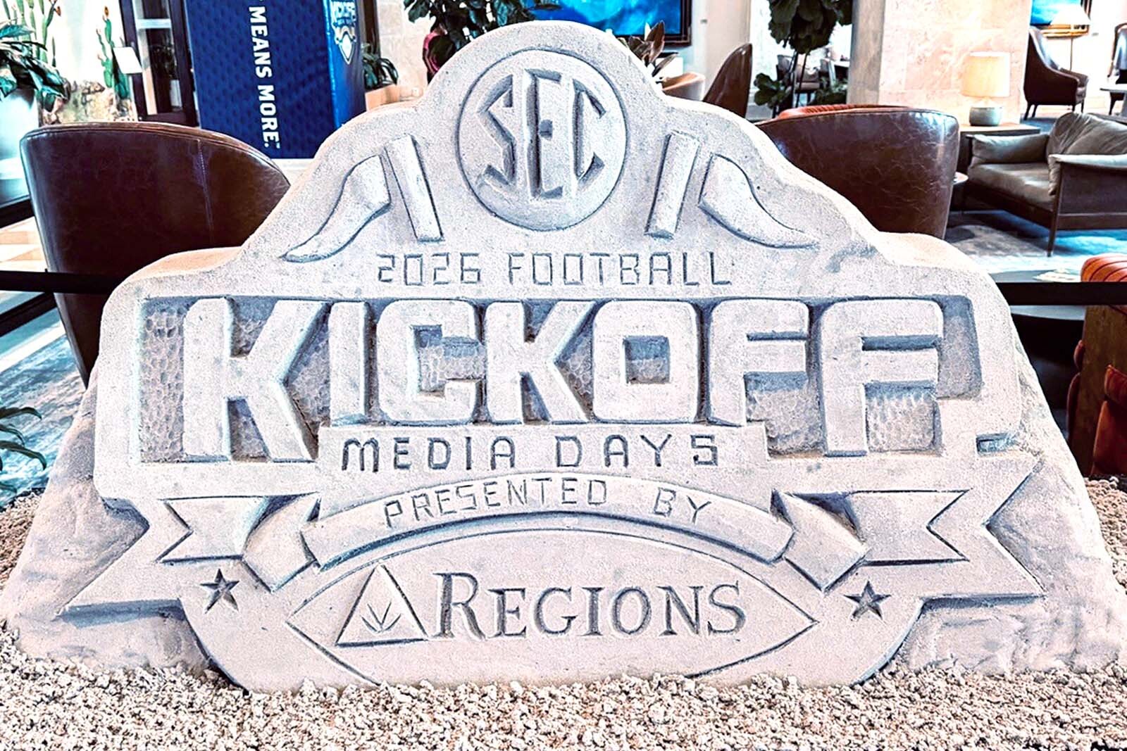 2026 SEC Football Media Days kickoff, presented by Regions sandcastle art.