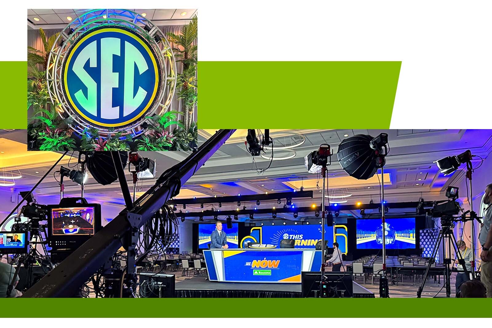 SEC logo and Greg McElroy on live set for SEC.