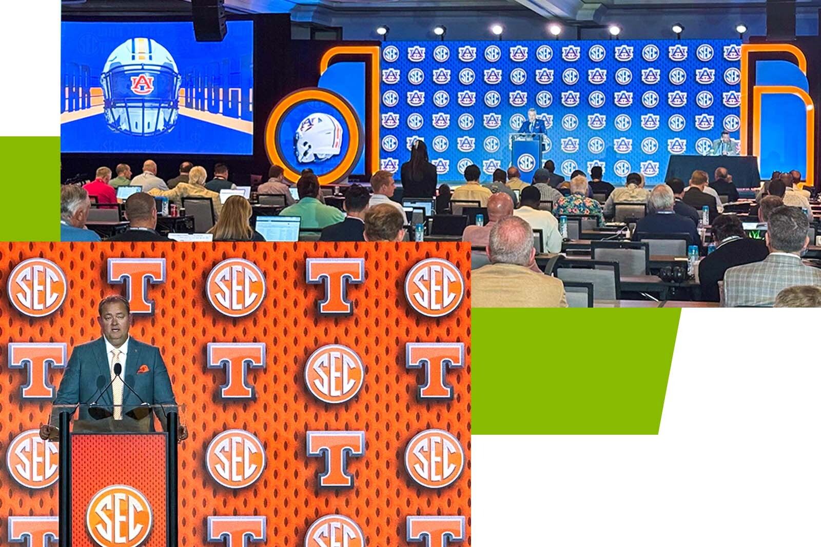 Auburn announcer and Josh Heupel on stage with Auburn and Tennessee state logos.