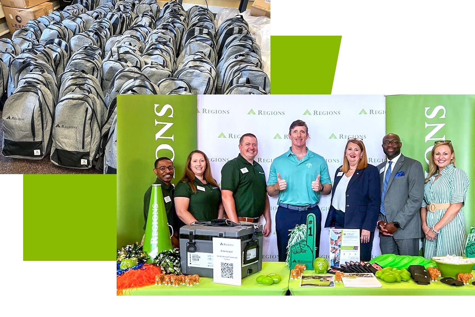 Regions branded backpacks and Regions associates at Auburn University.