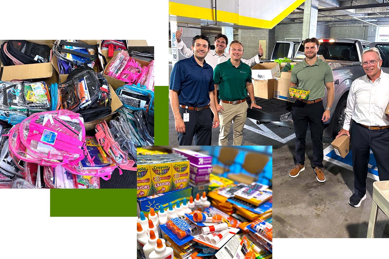 Collection of book bags, school supplies and Regions associates volunteering for Stuff the Bus.