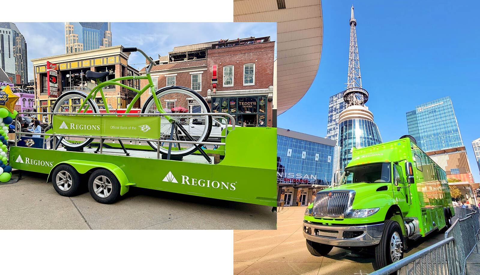 Regions-branded bike on a Nashville street and portable branch facility.