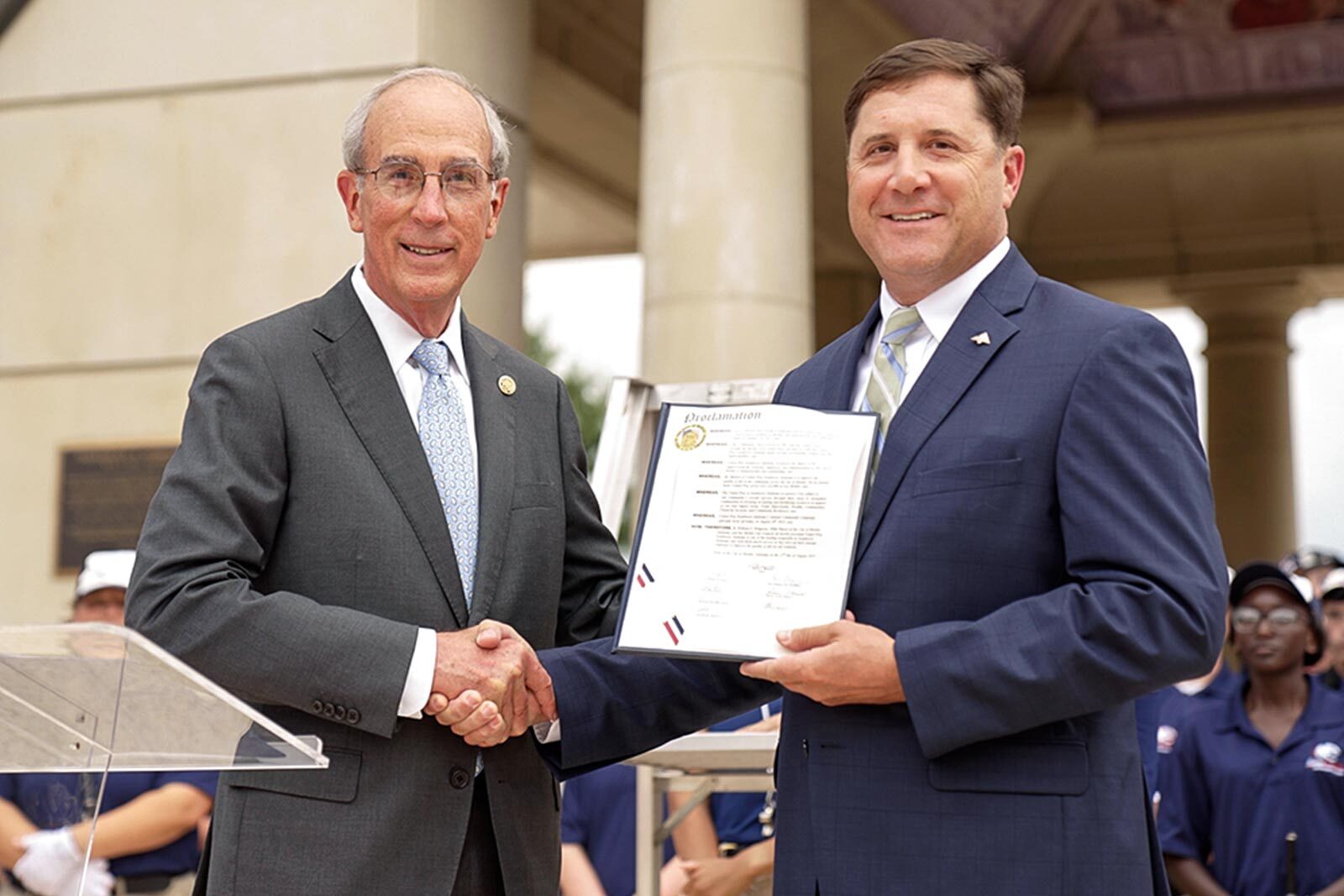 Community leadership in action. Esteller and then-Mayor Sandy Stimpson at the United Way Kick Off in 2025.