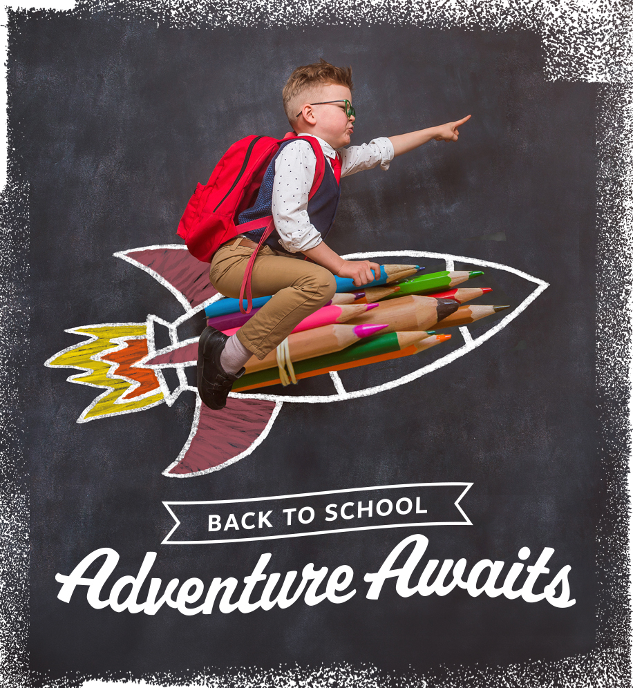 Young student sitting on large colored pencils with chalkboard illustration behind him of a rocket. Text: Back to School. Adventure Awaits.