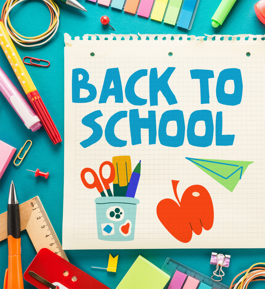 School related illustrations and "Back to School" written on grid paper that is surrounded by school supplies.