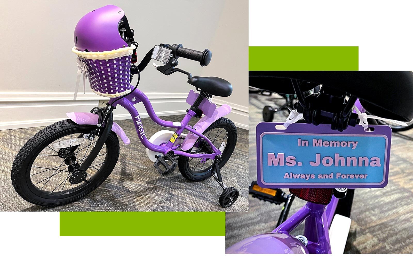 A purple child’s bicycle featuring Ms. Johnna’s personalized license plate.