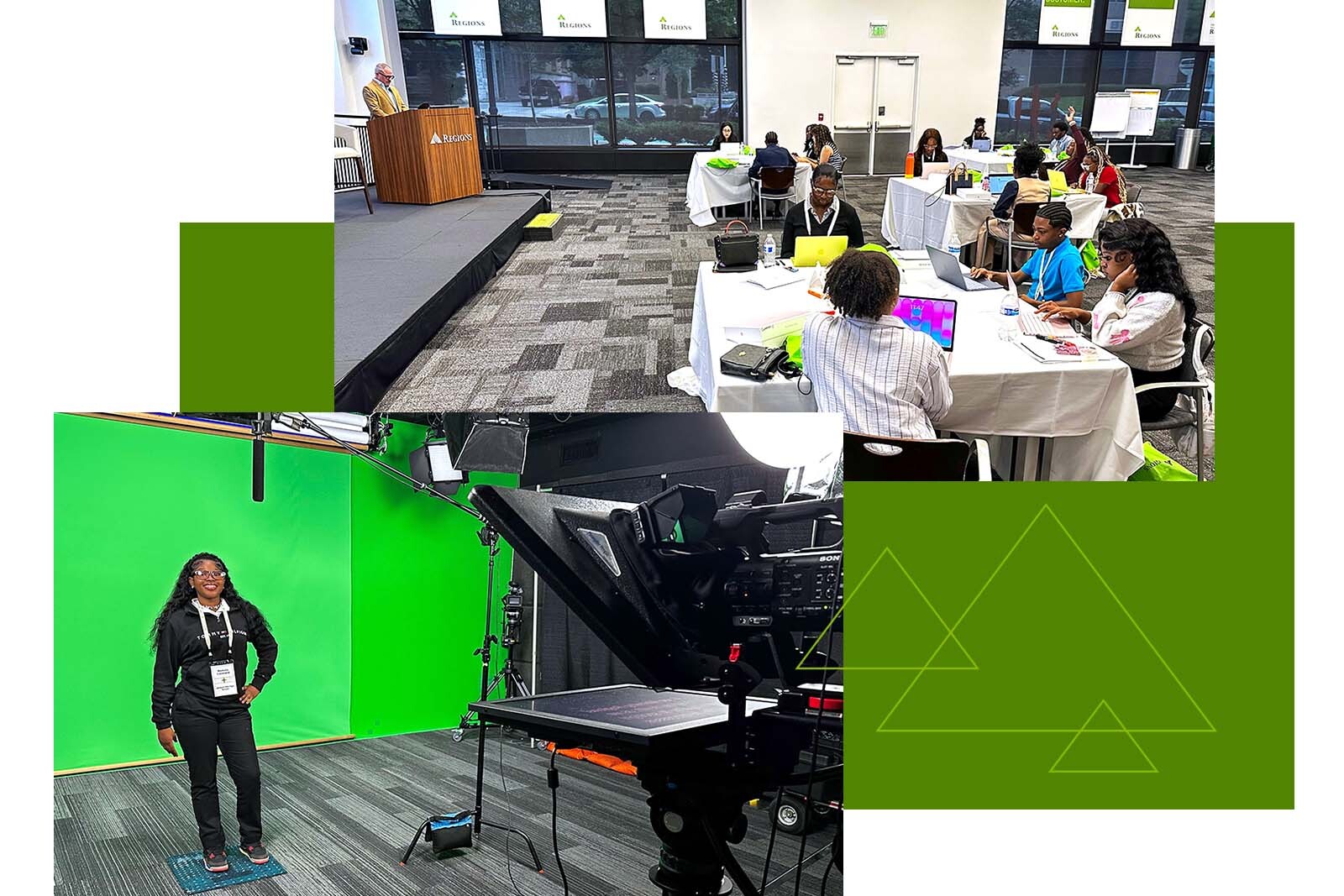 Student behind green screen and production equipment and large group shot of attendees at Regions Bank High School Experiential Learning Program.
