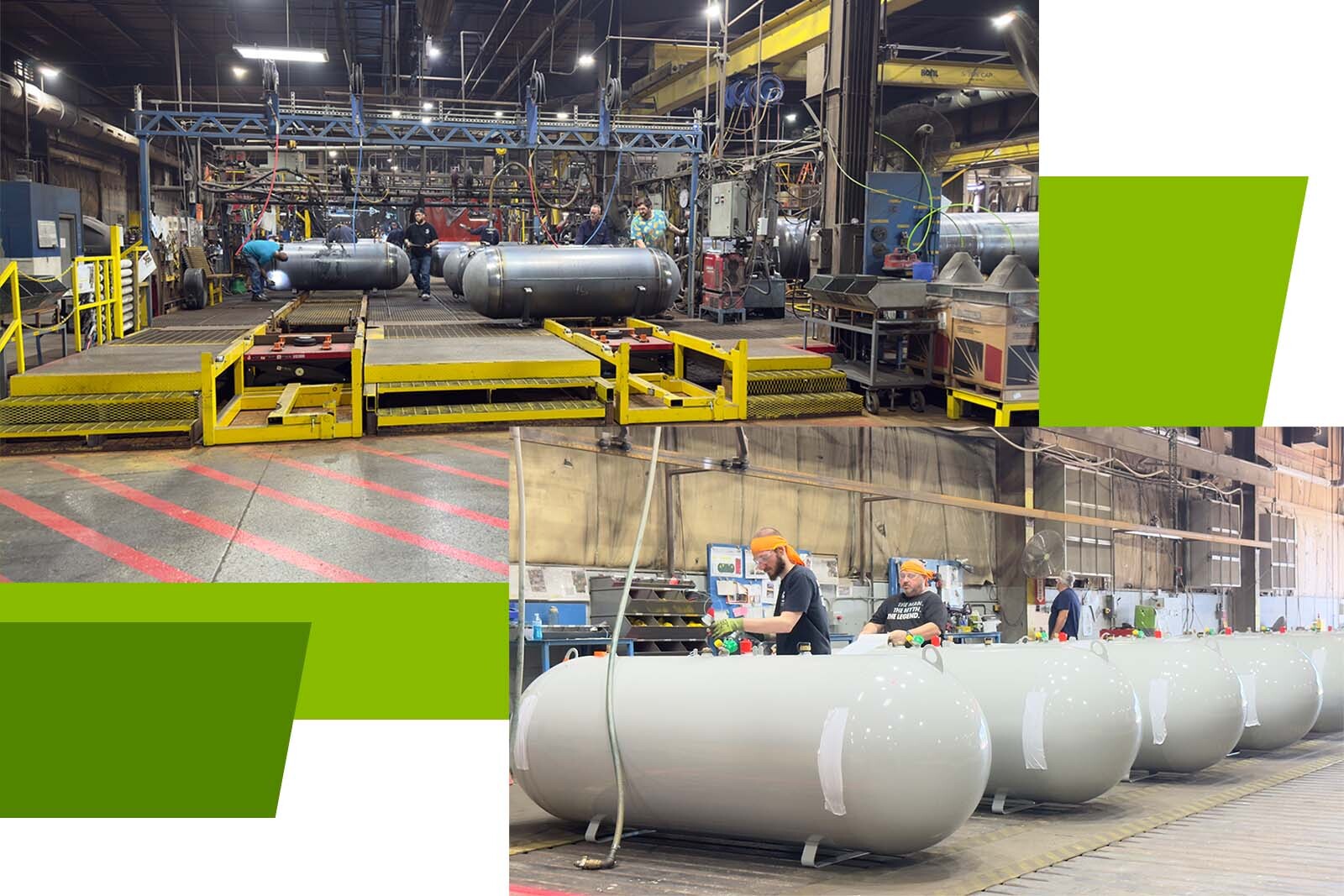 Images of the inside of an industrial factory and people working there. 