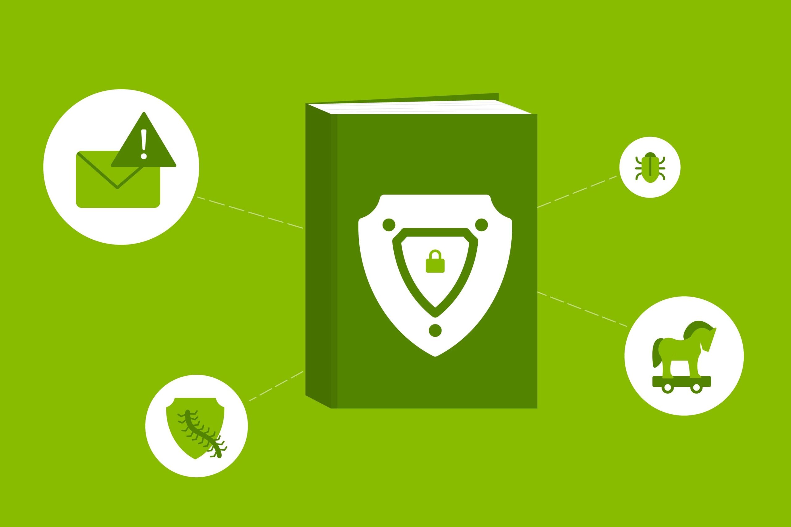 Book with security shield in the middle with surrounding fraud...