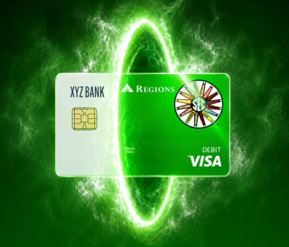 digital mockup of a white card from "xyz bank" goign through a glowing "transfer portal" to become a Regions SEC branded card.