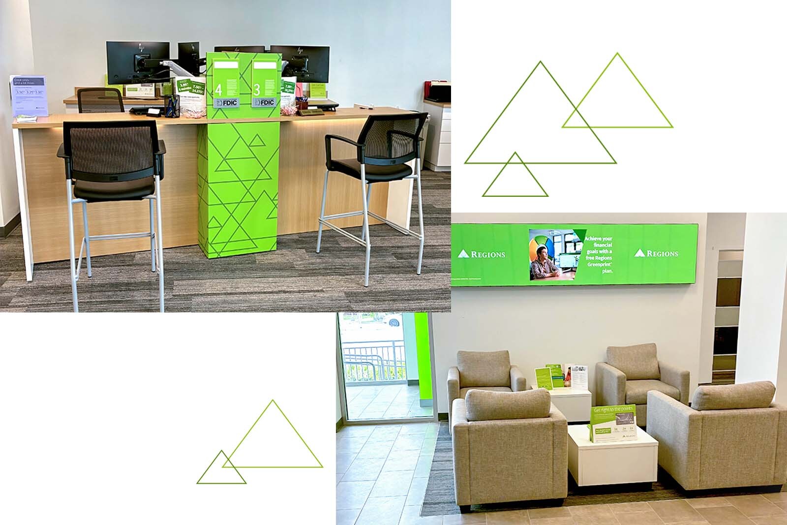 Interior photos of the Regions branch. One photo shows a desk where customers will work with Regions associates and the other image shows a seating area next to large windows.