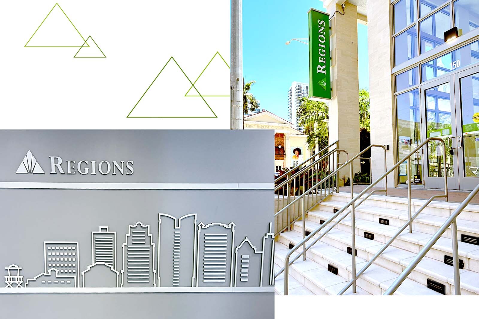 Photo collage of the steps leading up to the exterior of the REgions branch and a mural of the city skyline inside the building.