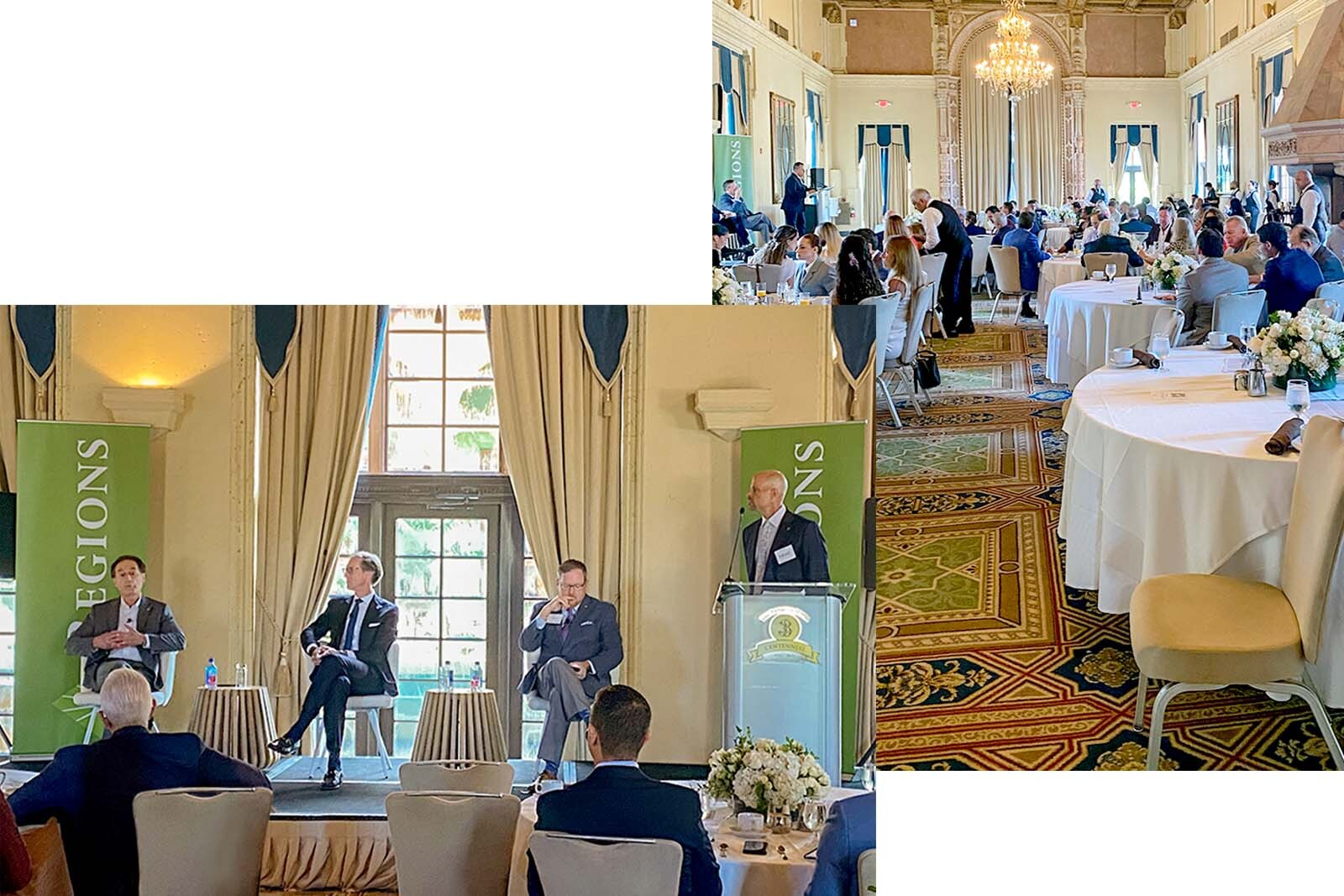 Two photo collage of the panel speakers on stage and the audience in a ballroom.