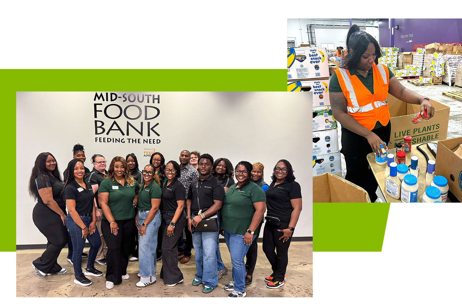 Regions volunteers standing in front of Mid-South Food Bank logo and a woman sorting food on a table.