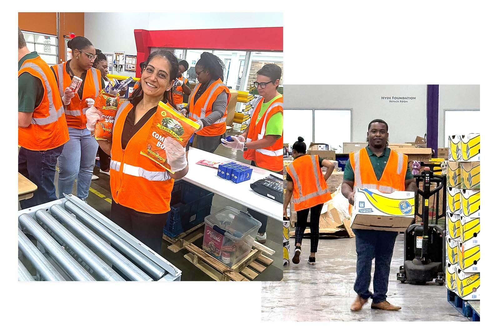 Regions volunteer smiling with packaged food and man walking with a box of bananas.