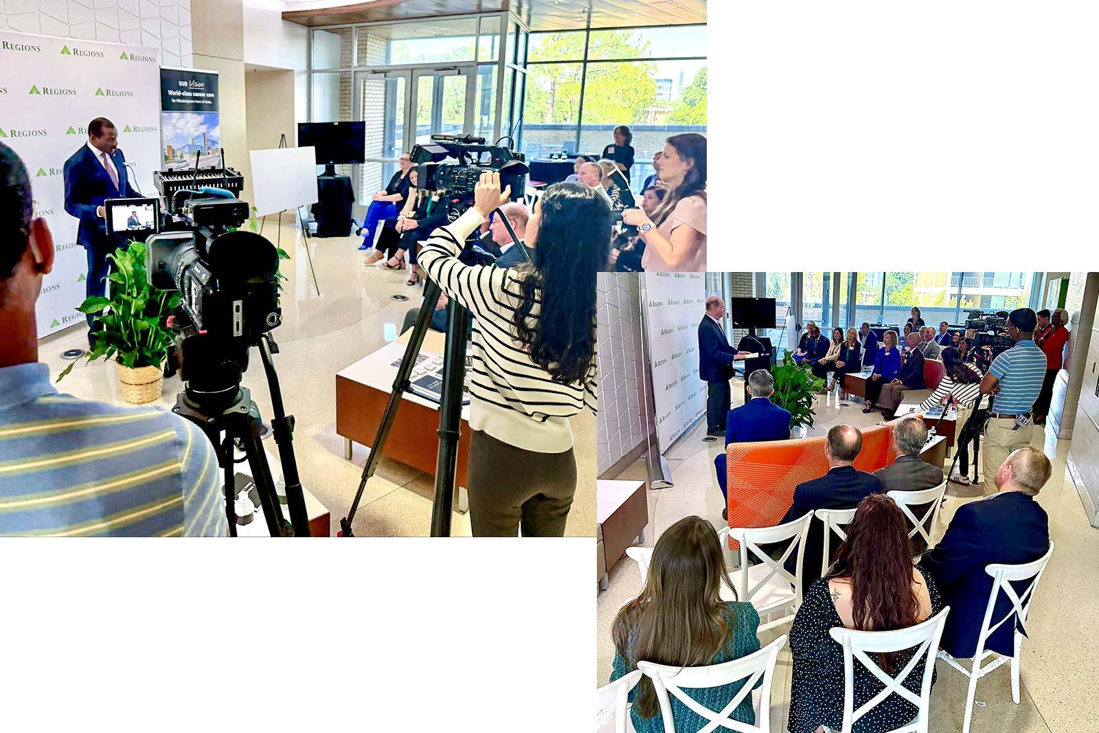 Press and video cameras recording speakers at UMMC event.