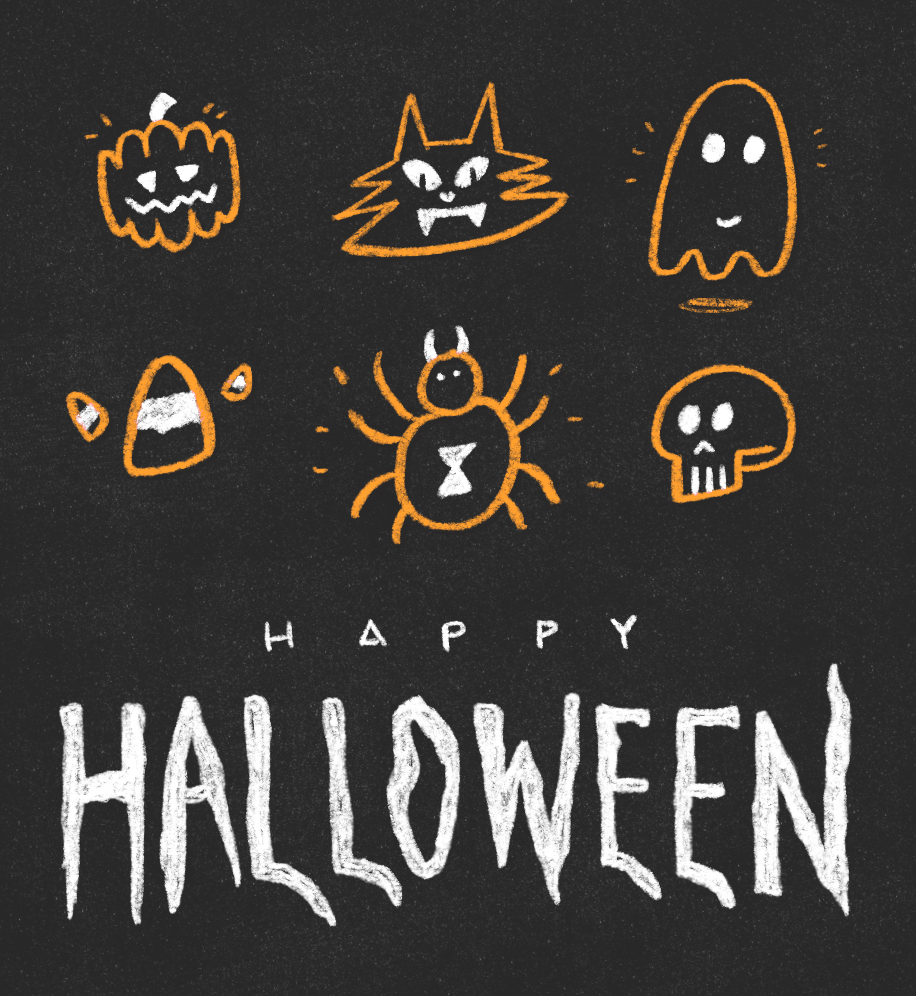 Halloween doodles of jack-o'-lantern, cat, ghost, candy corn, spider and skull. Text: Happy Halloween.