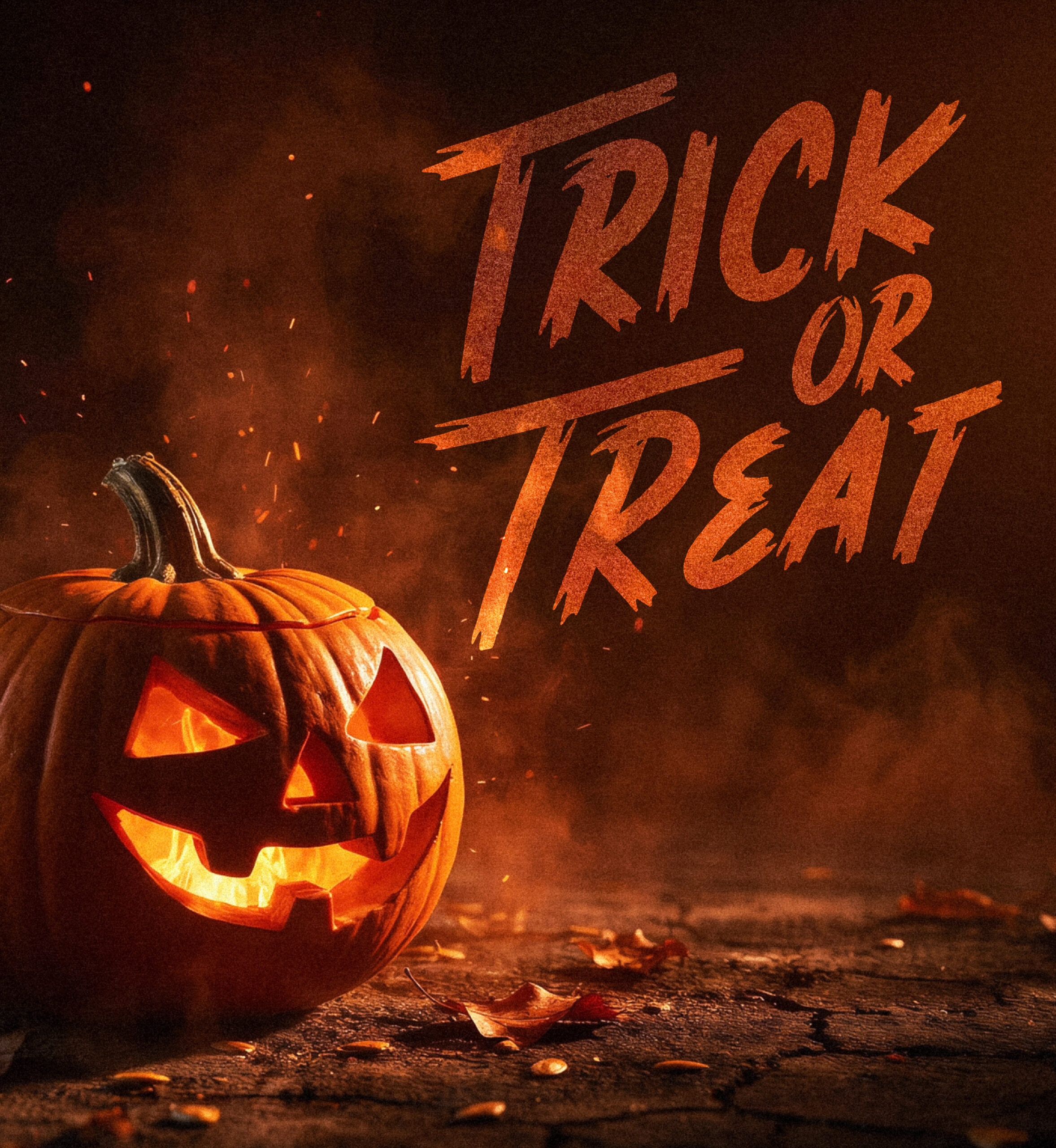 Glowing jack-o'-lantern. Text: Trick or Treat.